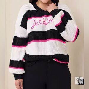 Torrid crew neck Black and White Striped Sweater with pink “je taime” size 3.